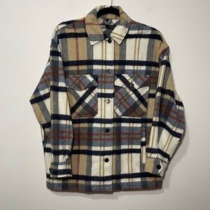 ZARA women’s tan Wool Blend Plaid Shacket Jacket Neutral Oversized Button Up XS